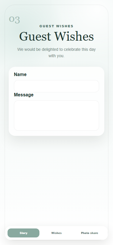 English mobile guest wishes section from a digital wedding invitation